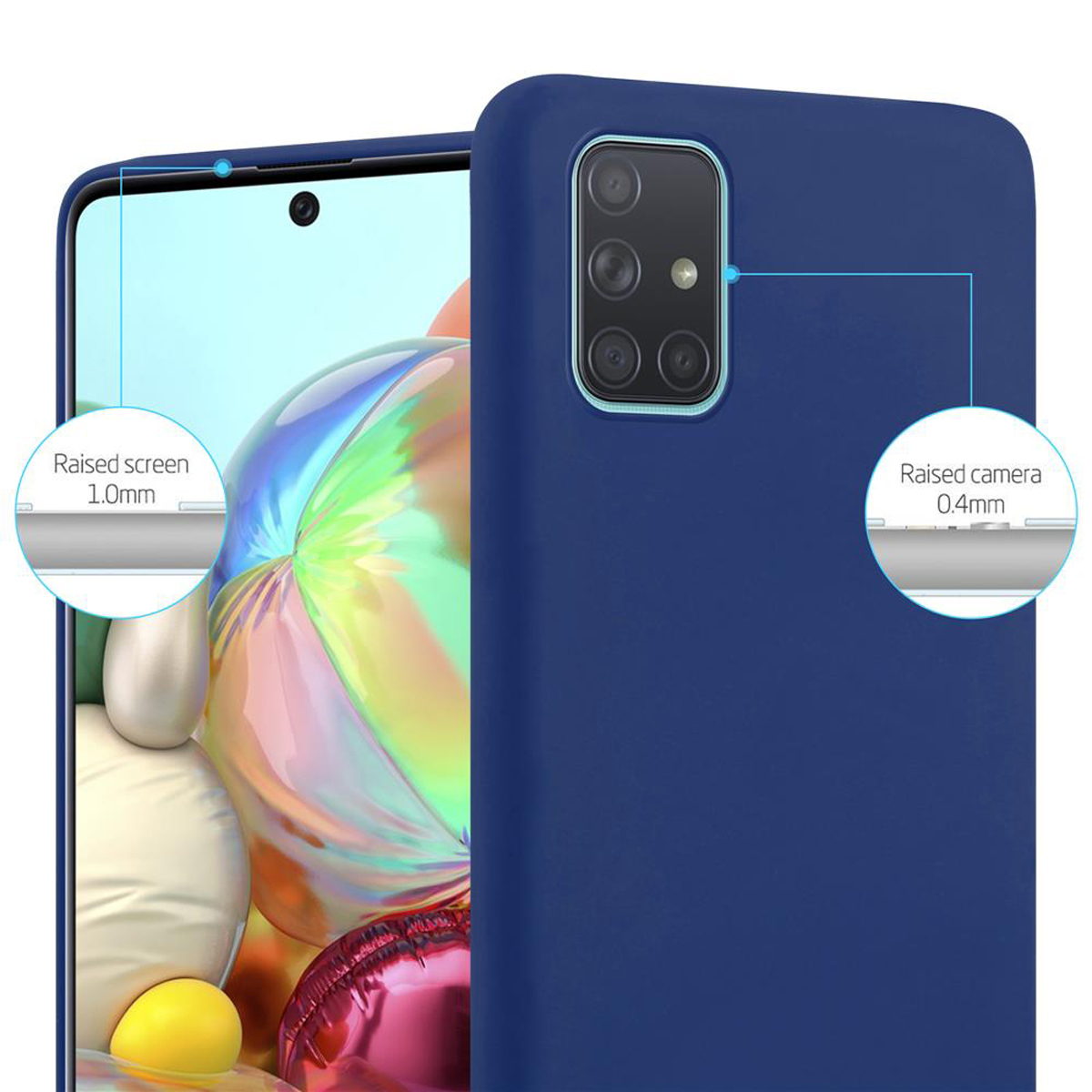Nahaufnahme einer blauen Handyhülle mit erhöhtem Bildschirm und Kamera. Text vorhanden.