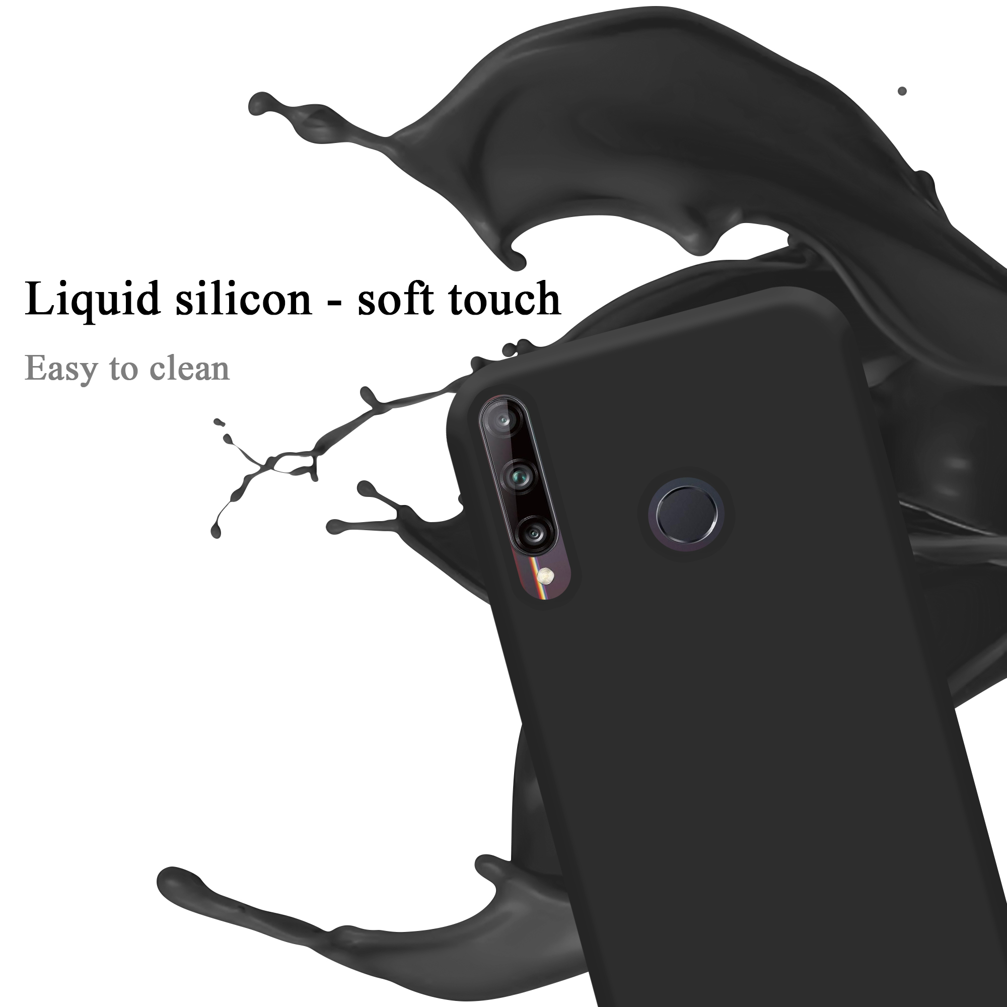 Custodia per telefono nera con schizzo di liquido nero. Testo: "Silicone liquido - tocco morbido" e "Facile da pulire".