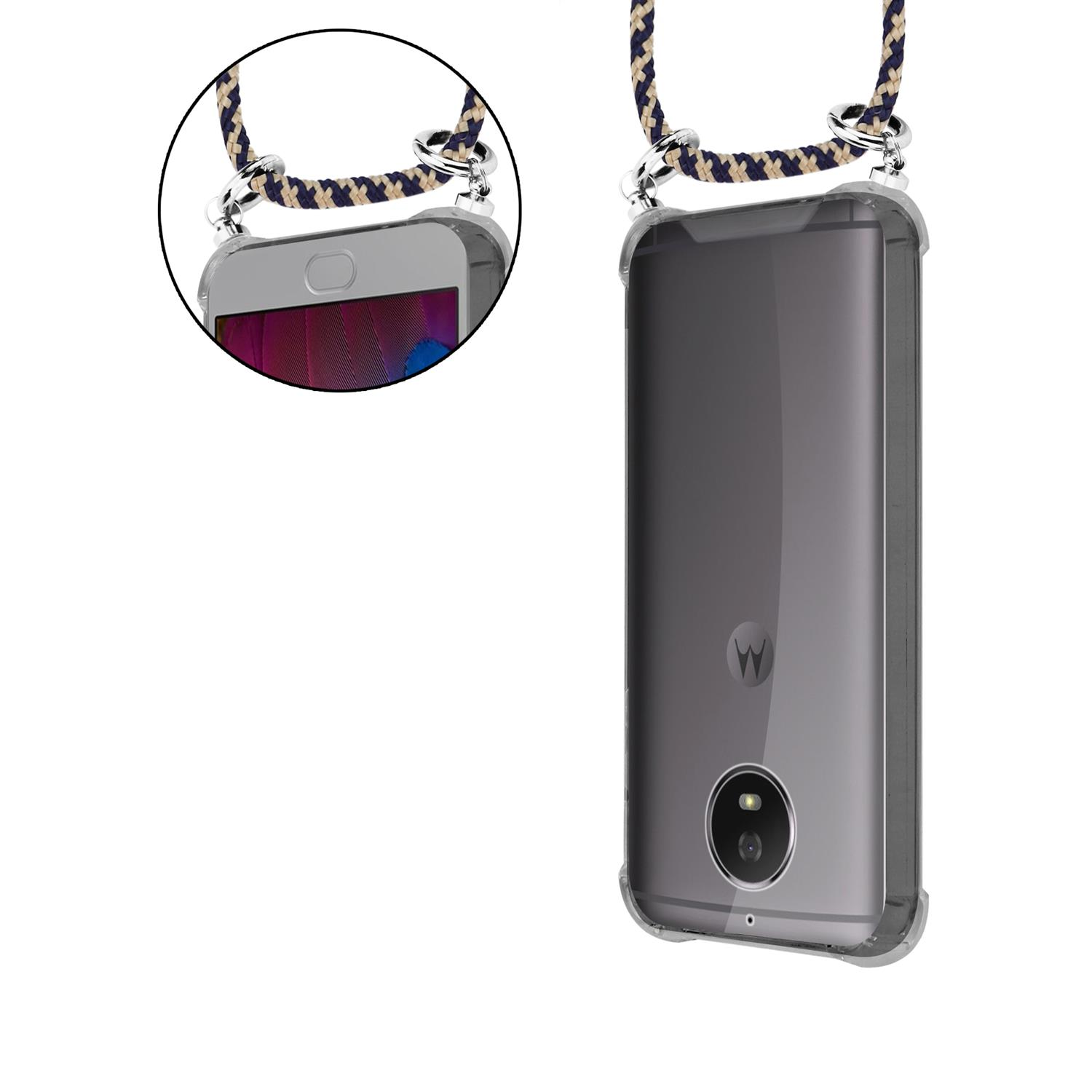 Transparente Handyhülle mit Kordel. Das Telefon ist in der Hülle. Weißer Hintergrund.
