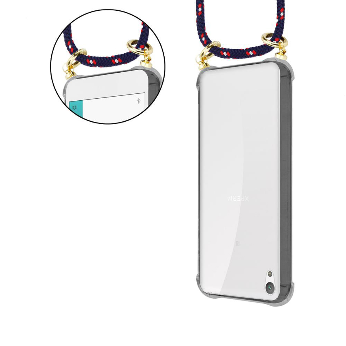 Zwei Ansichten einer transparenten Handyhülle mit befestigtem Schlüsselband. Weißer Hintergrund. Das Telefon ist sichtbar.