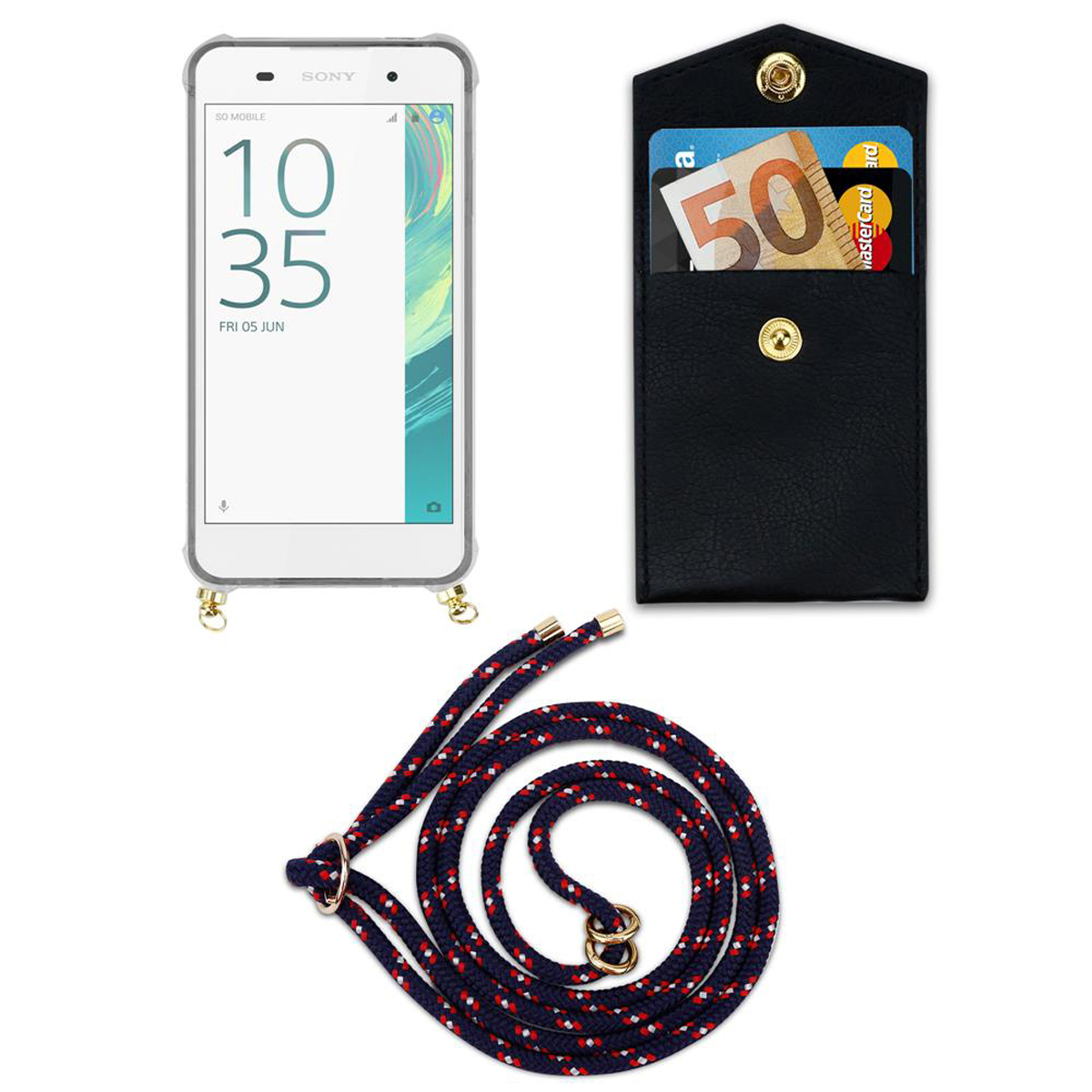 Ein Telefon, eine schwarze Geldbörse mit Karten und ein marineblaues und rotes Schlüsselband liegen auf weißem Grund.