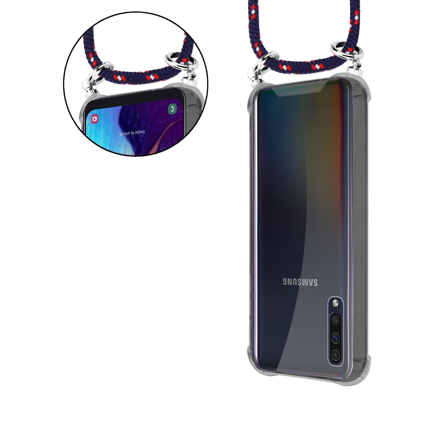 Eine transparente Handyhülle mit einem Samsung-Telefon. Das Schlüsselband ist rot, weiß und blau.