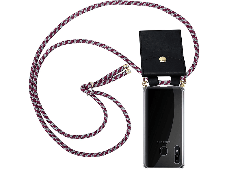 CADORABO Handy Kette mit Gold Ringen, Kordel Band und abnehmbarer Hülle, Backcover, Samsung, Galaxy A20 / A30 / M10s, ROT WEIß