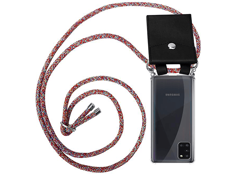 CADORABO Handy Kette mit Silber Ringen, Kordel Band und abnehmbarer Hülle, Backcover, Samsung, Galaxy A31, COLORFUL PARROT