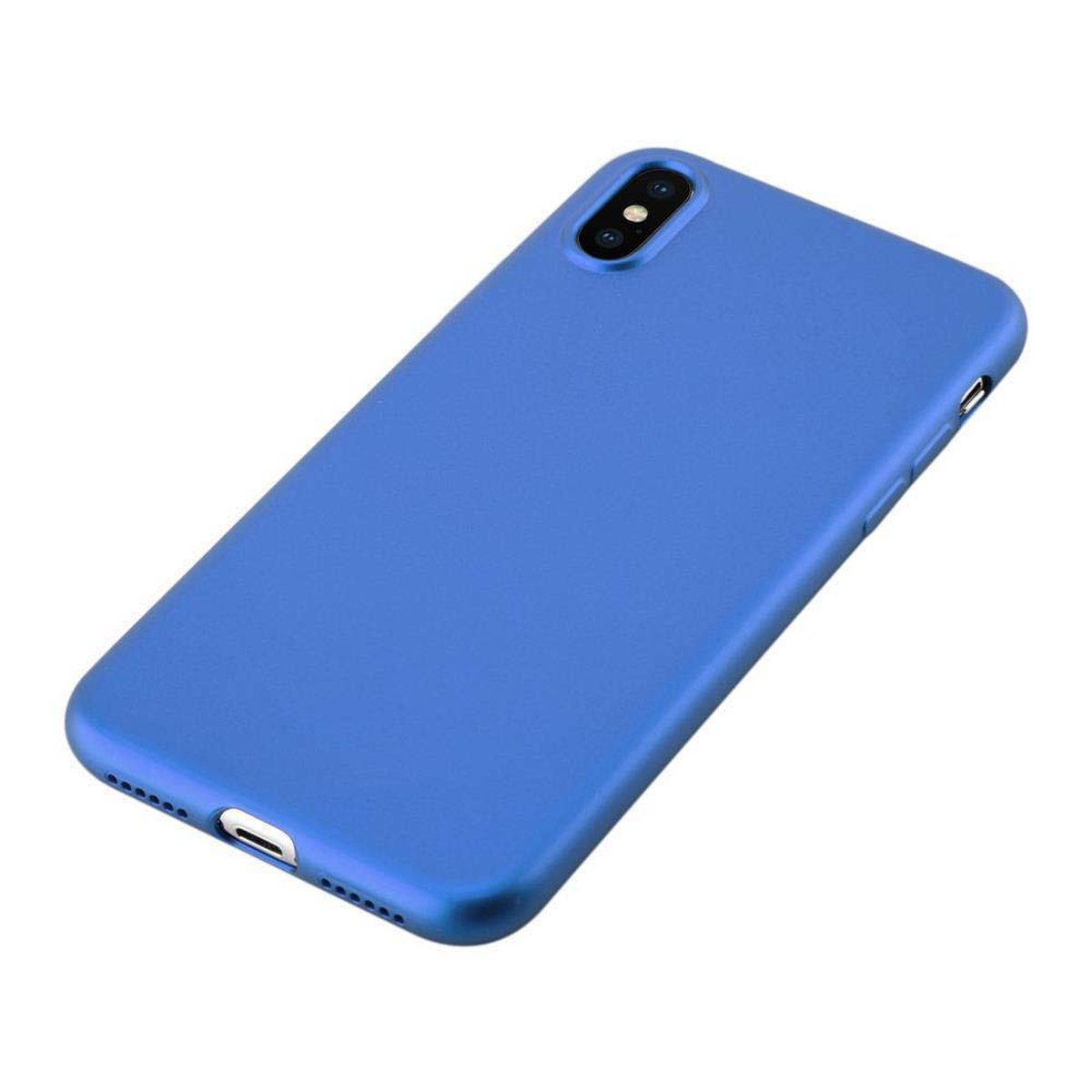 Custodia per telefono blu su sfondo bianco, con un colore blu pieno e buona illuminazione.