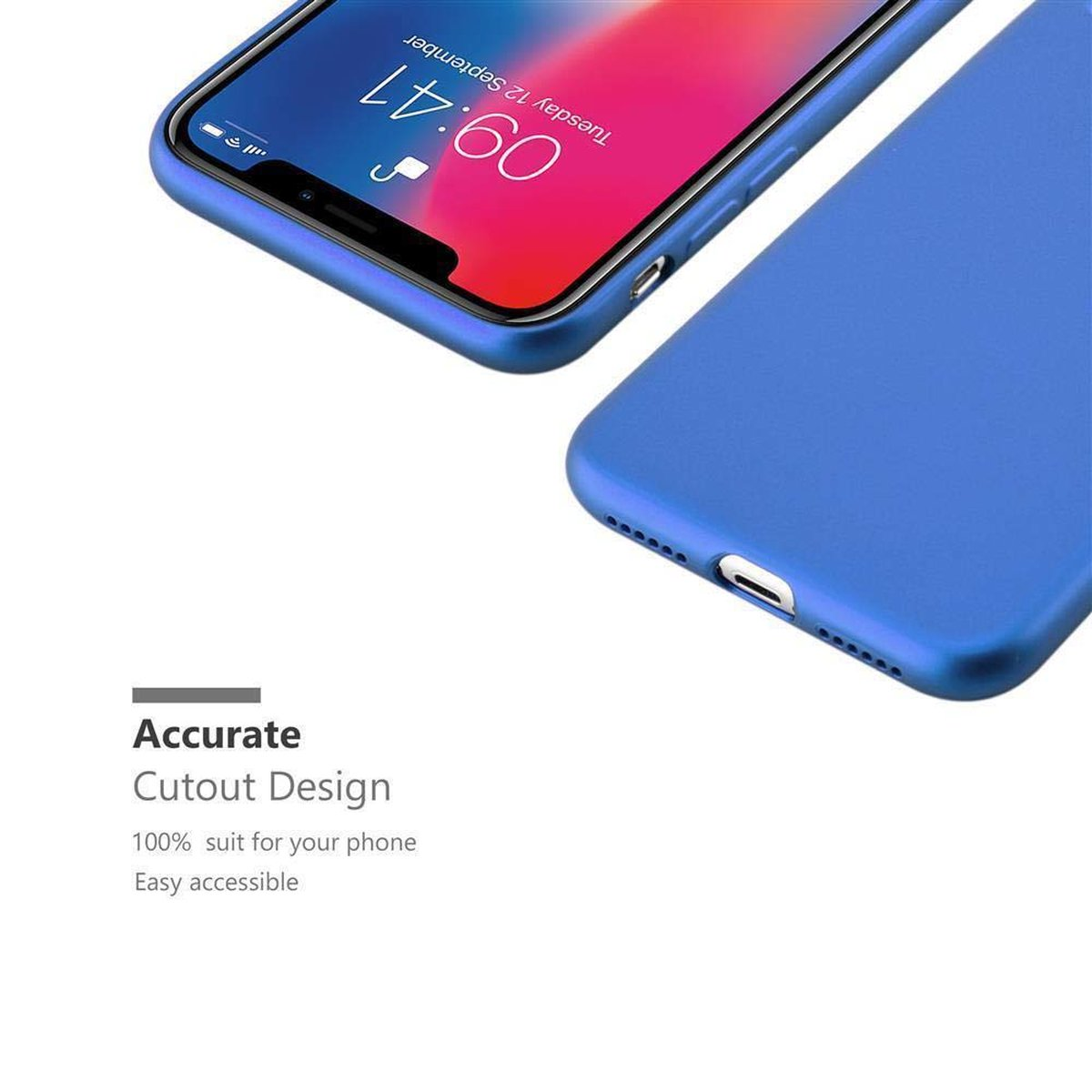 Custodia blu con telefono all'interno. Testo: 'Design preciso'.