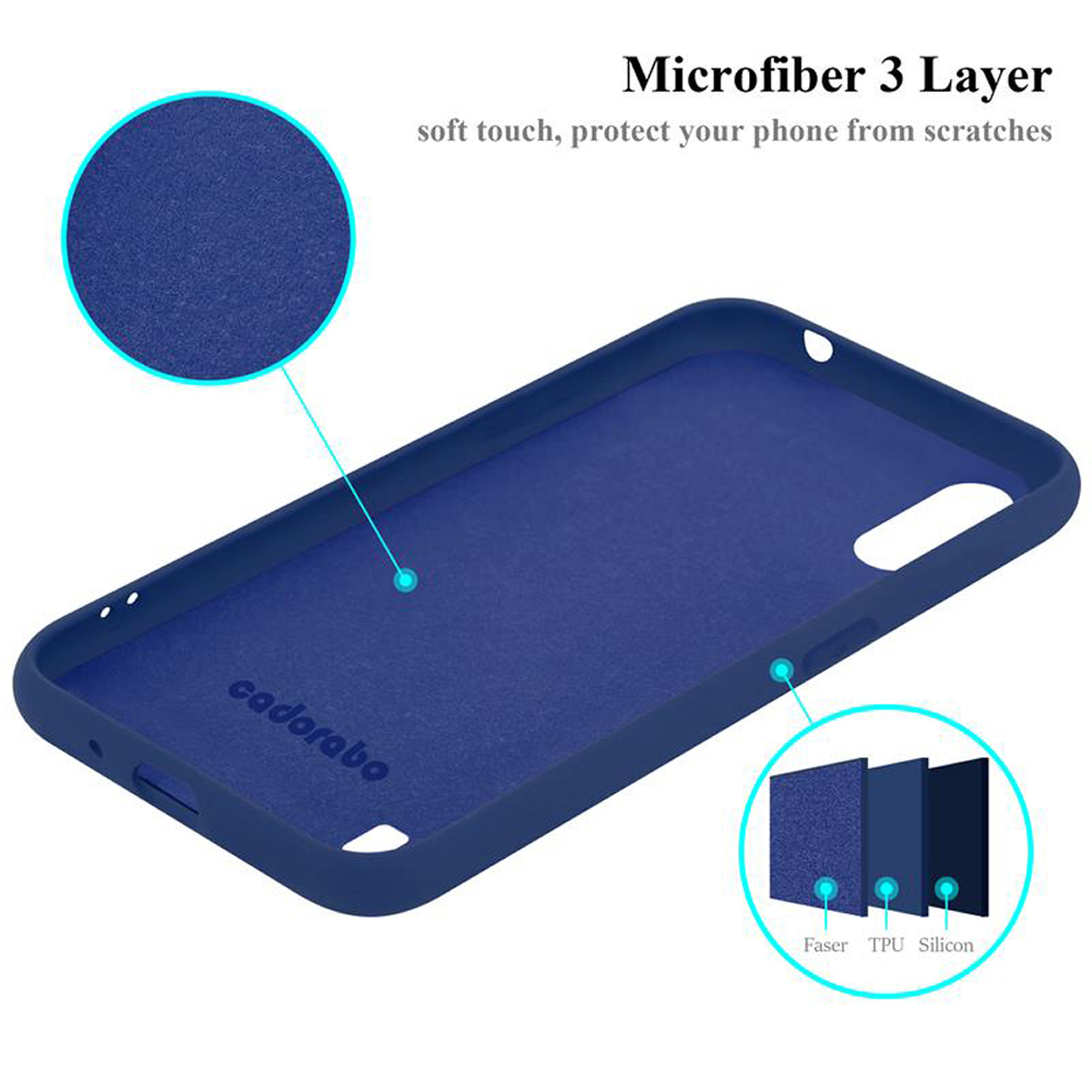 Blaue Handyhülle mit detaillierter Ansicht ihrer Mikrofaser-Schichten.