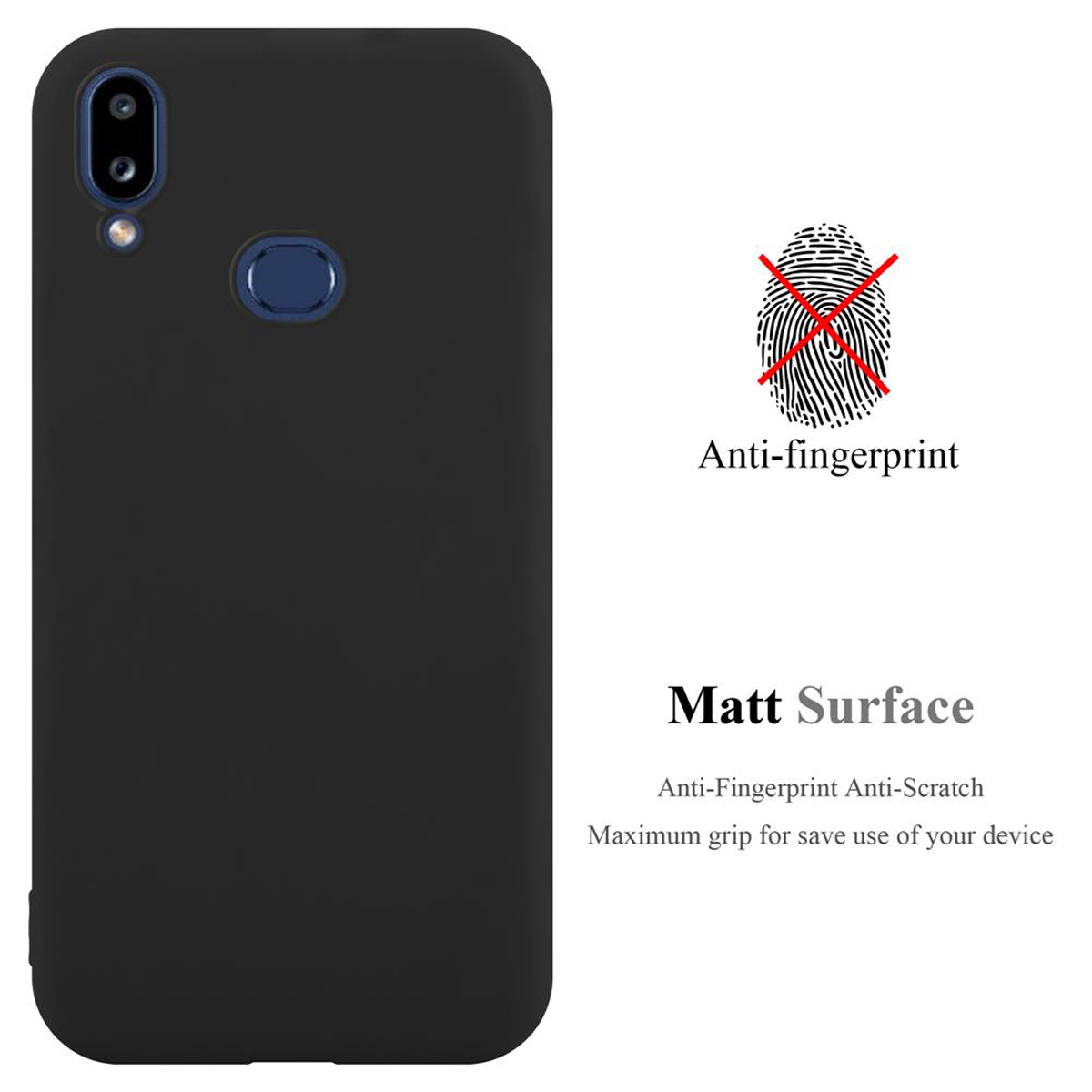 Custodia per telefono nera con simbolo di impronta digitale barrato. Testo: Superficie opaca, anti-impronte, antigraffio.
