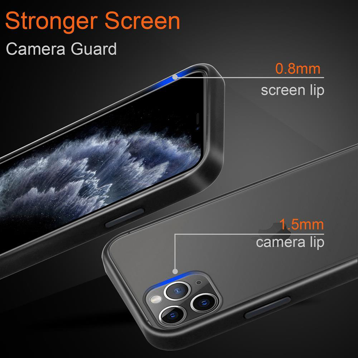 Due custodie nere per telefono, una con protezione per la fotocamera, che mostra i dettagli della protezione dello schermo e della fotocamera.