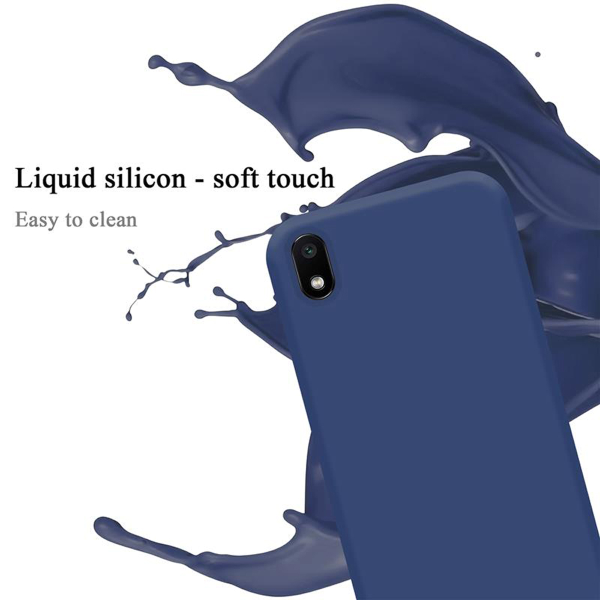 Custodia blu per telefono con effetto splash liquido. Testo: Silicone liquido-tocco morbido, facile da pulire. Bianco.