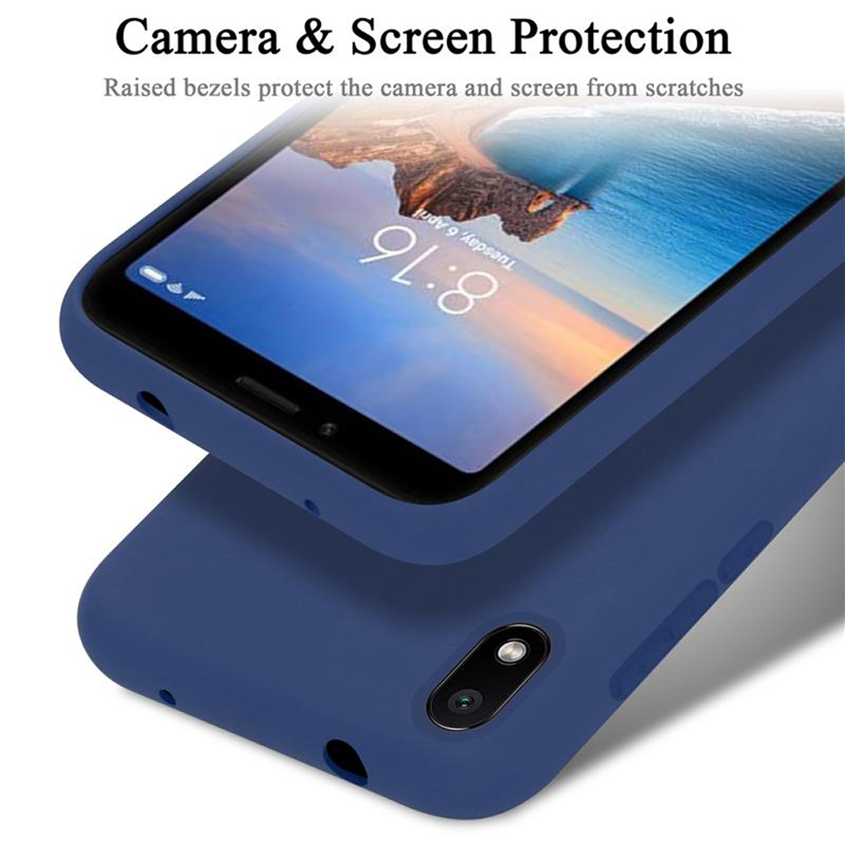 Primo piano di due custodie blu per telefono, con testo di protezione dello schermo e della fotocamera e uno schermo del telefono.