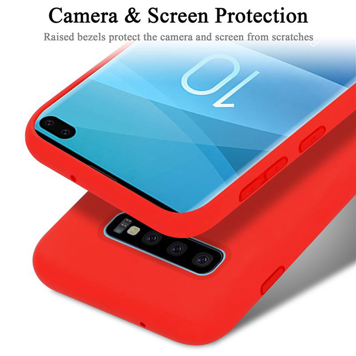 Eine rote Handyhülle mit einem Telefon darin und dem Text Kamera- und Bildschirmschutz.