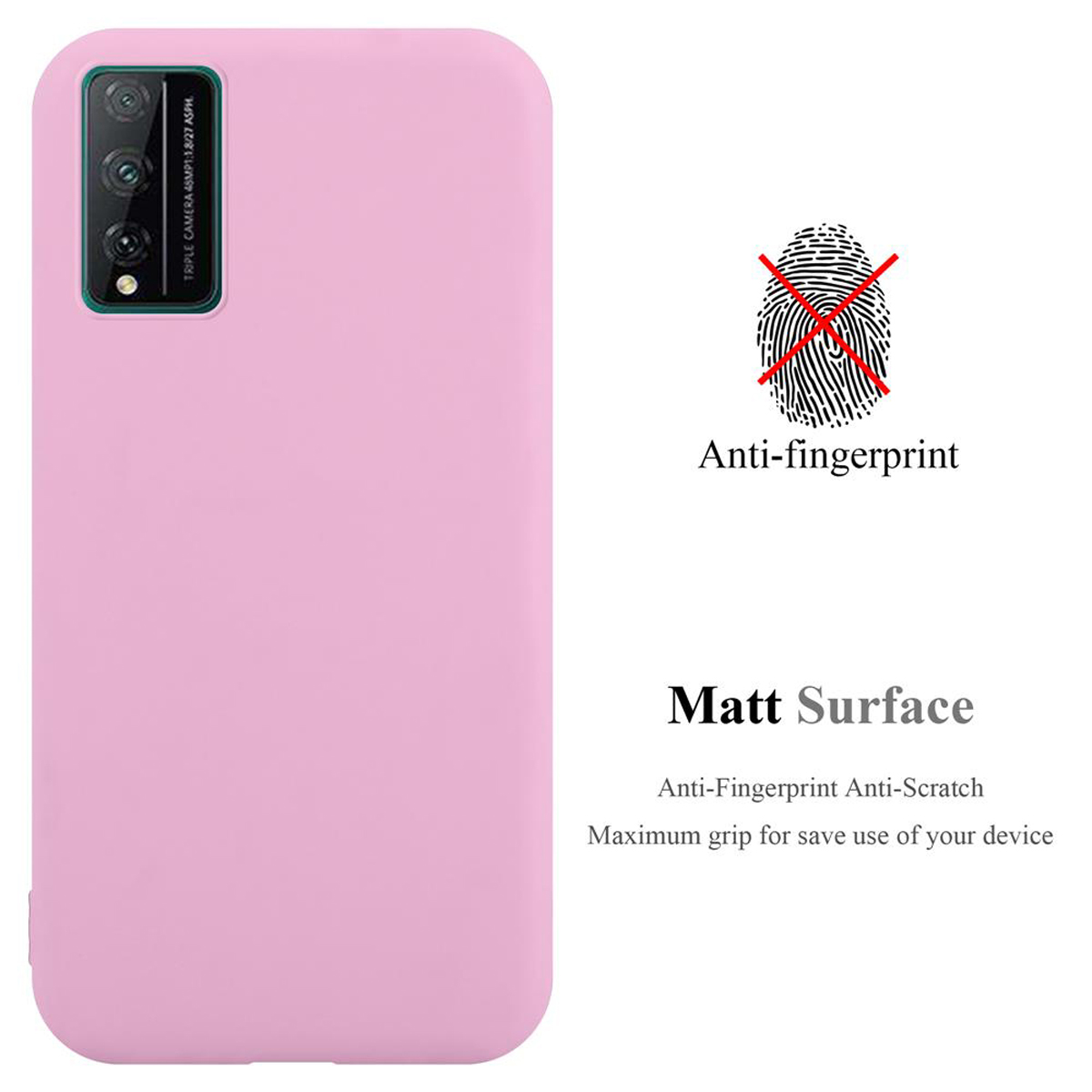 Custodia per telefono rosa con tripla fotocamera e protezione dalle impronte digitali. Lo sfondo è bianco.
