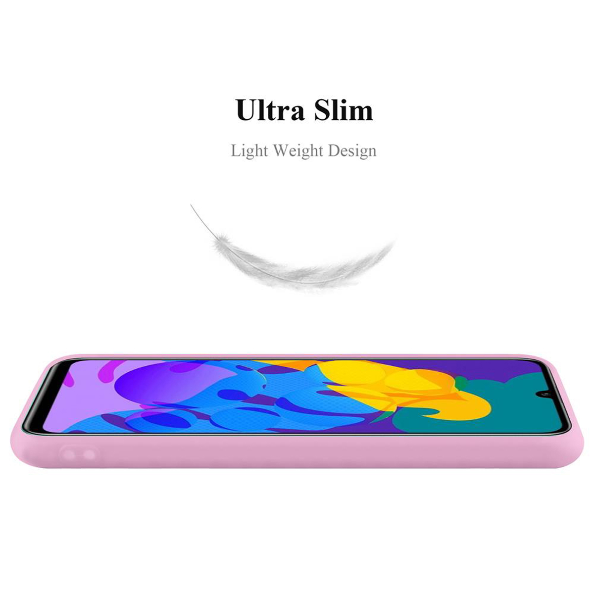 Custodia per telefono rosa con il testo Ultra Slim, Light Weight Design e una grafica a piuma.