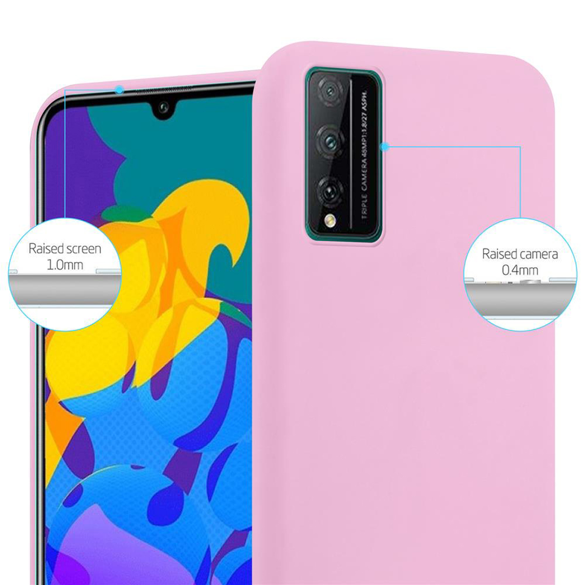 Una custodia rosa con un telefono dentro. La custodia ha uno schermo e una fotocamera rialzati.