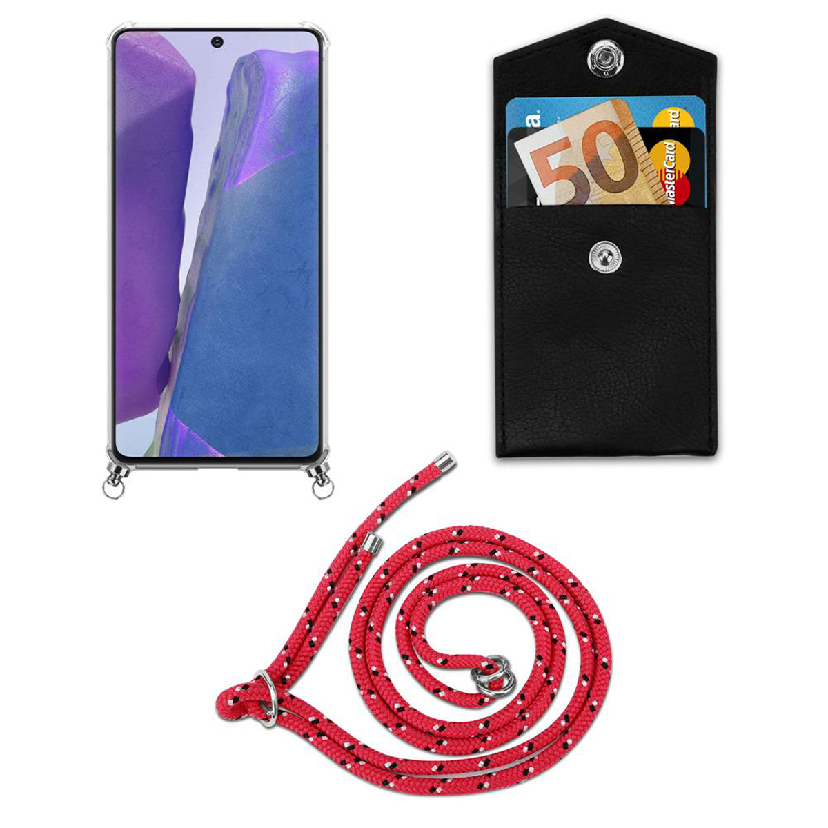 Custodia per telefono nera con contanti e carta. Cinturino in corda rosso in cerchio. Sfondo bianco.