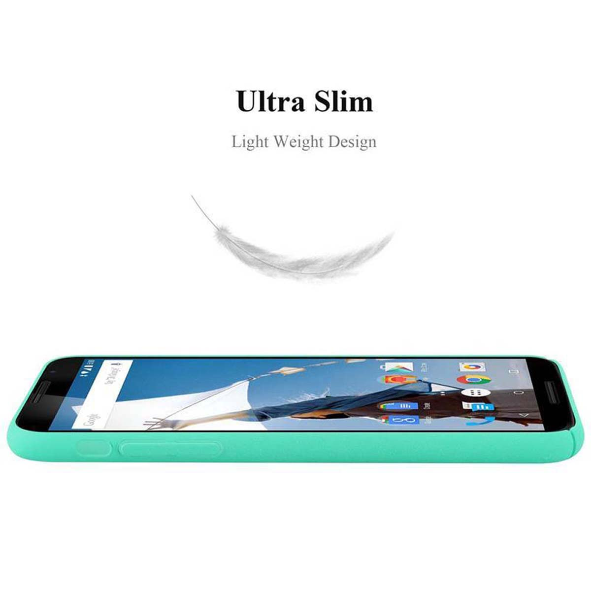 Ein Telefon mit türkisfarbener Hülle auf weißem Hintergrund. Über dem Telefon ist eine Feder.