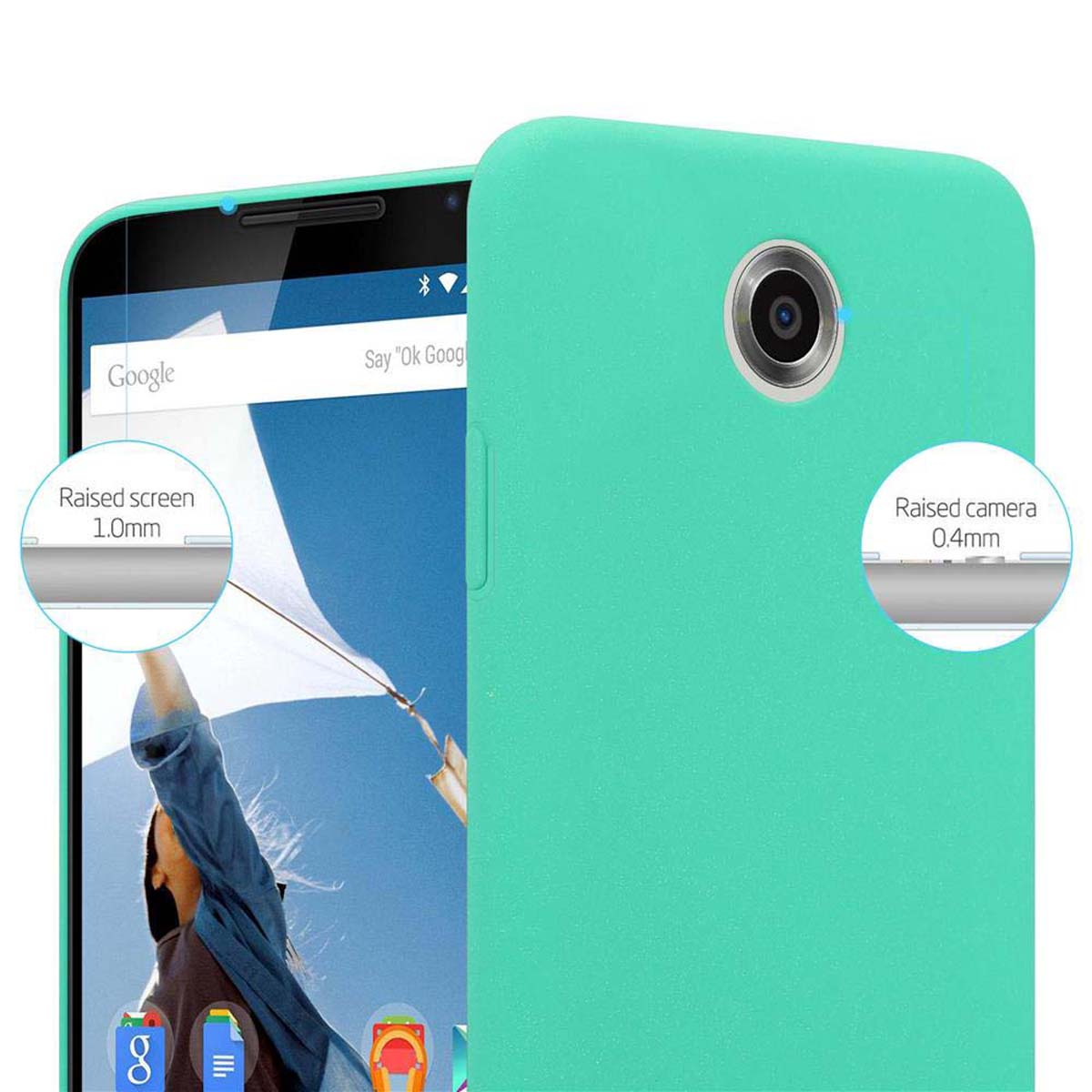 Eine türkisfarbene Handyhülle mit einem Telefon darin. Der Telefonbildschirm zeigt die Google-Suchseite.