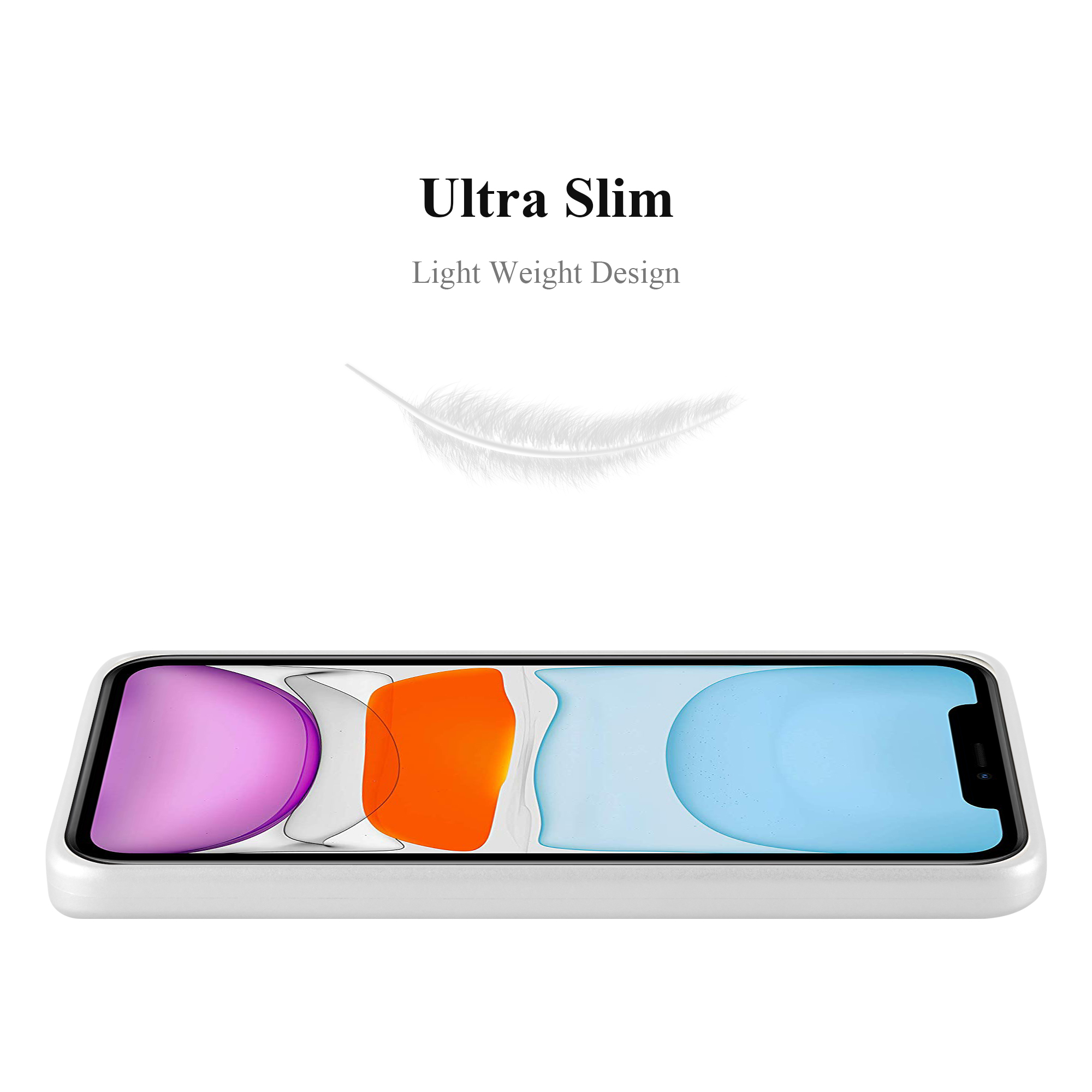 Weißes Telefon mit Text 'Ultra Slim' und einer Federgrafik. Weißer Hintergrund.