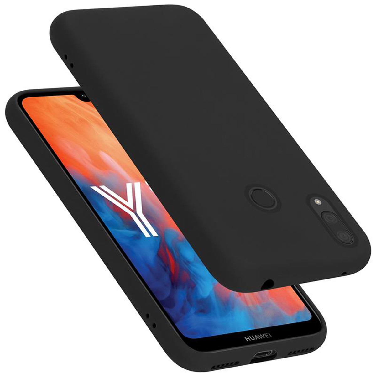 Schwarzes Telefon in einer schwarzen Hülle. Das Telefon ist geöffnet und zeigt den Bildschirm.