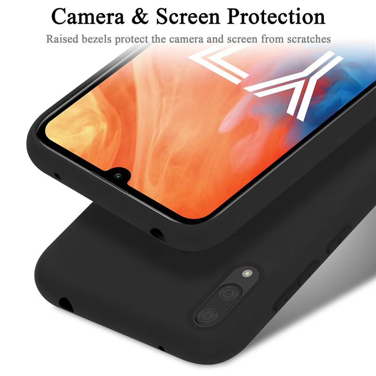Eine schwarze Handyhülle mit geschützter Kamera und Bildschirm, die ein Telefon im Inneren zeigt.
