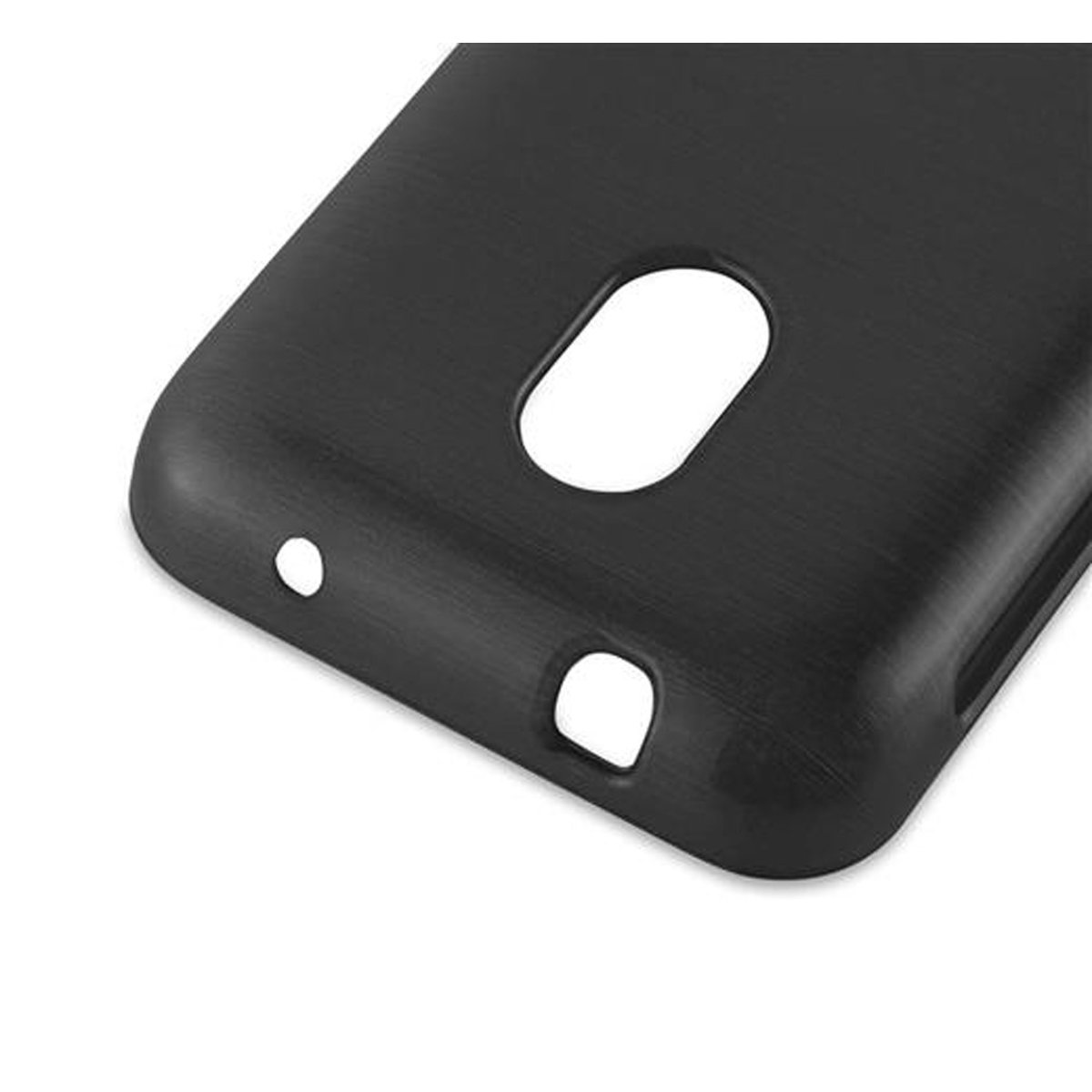 Primo piano di una custodia nera per telefono. Ha ritagli per la fotocamera e altre porte.