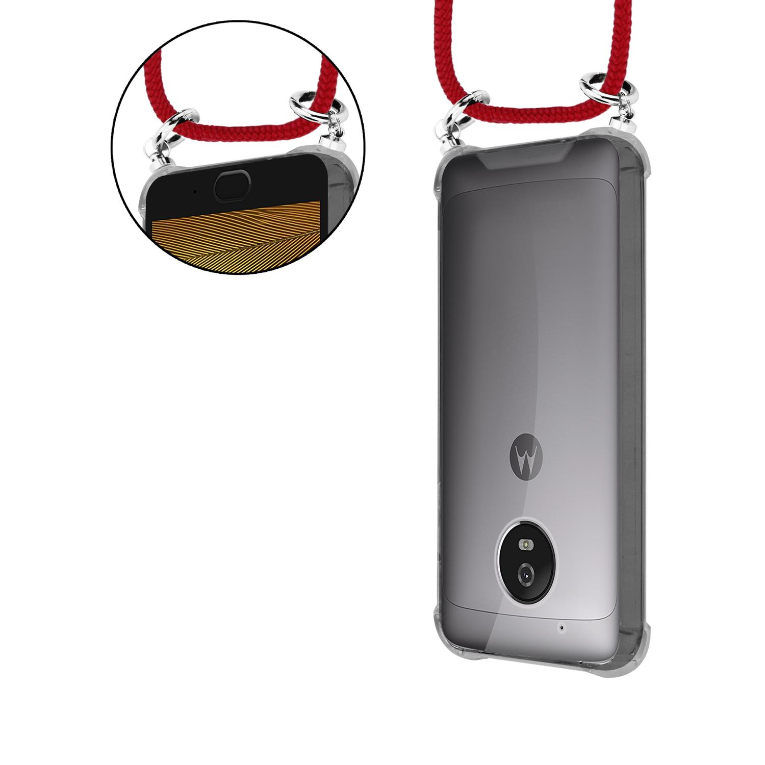 Nahaufnahme eines Telefons mit roter Schnur. Das Telefon befindet sich in einer durchsichtigen Hülle.