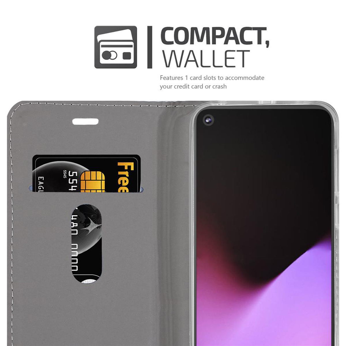 Una custodia per telefono con fessure per carte. Una carta di credito e una carta con testo sono nelle fessure.