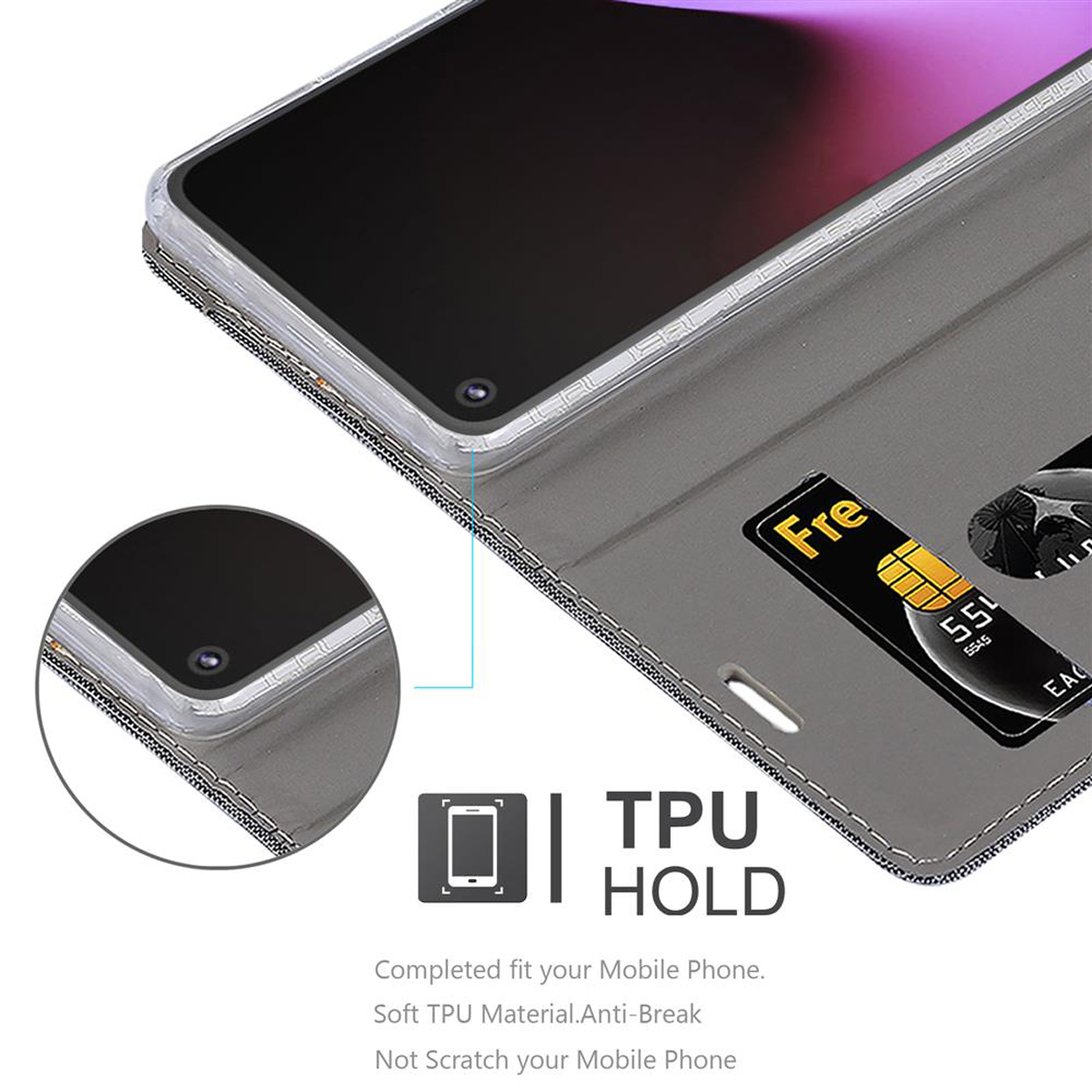 Custodia per telefono grigia con un telefono all'interno e il testo "TPU HOLD", e una carta.