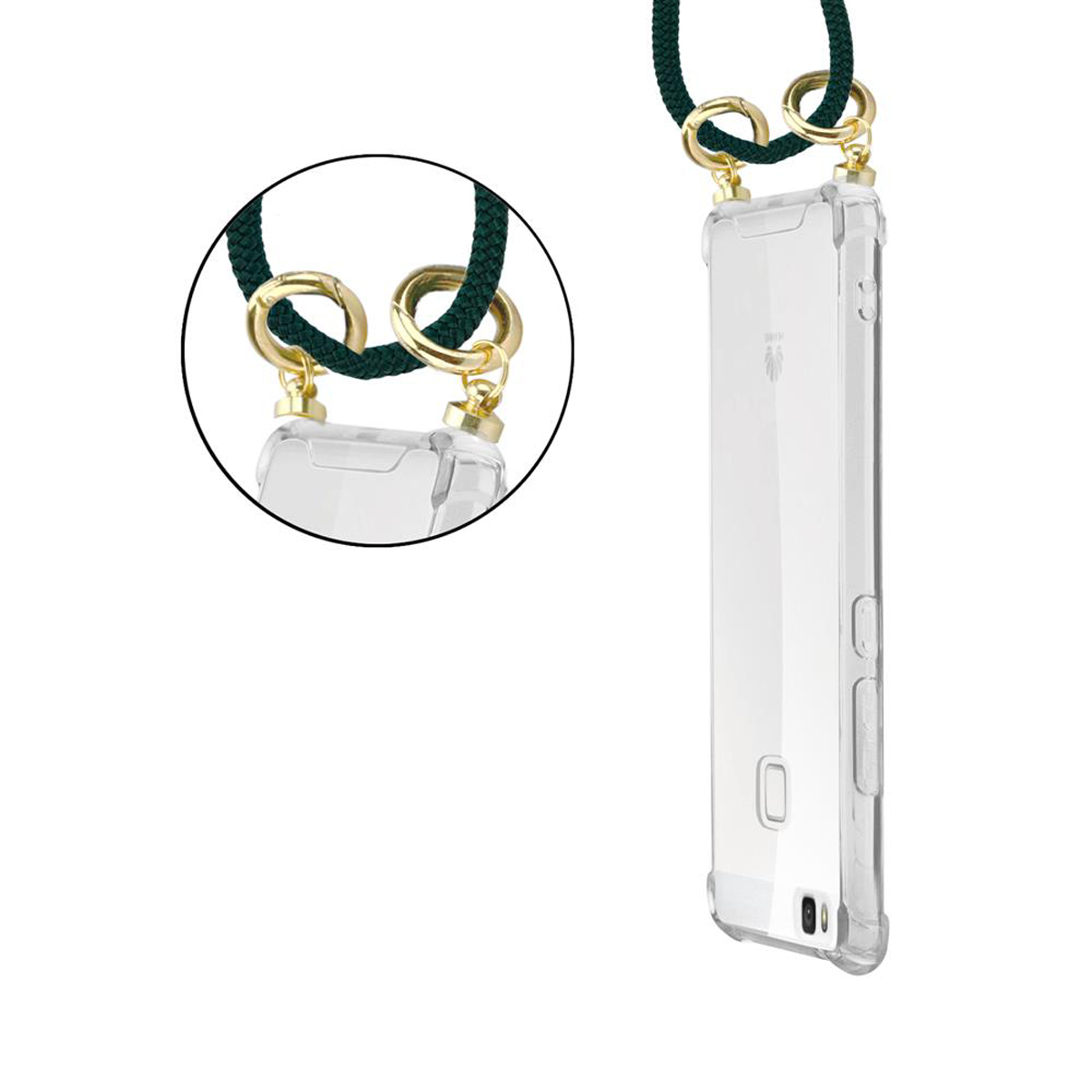 Custodia trasparente con cordino. Cordino verde scuro. Telefono visibile.