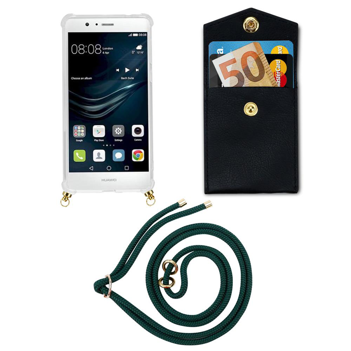 Telefono con custodia e cordino. La custodia contiene denaro e una carta.