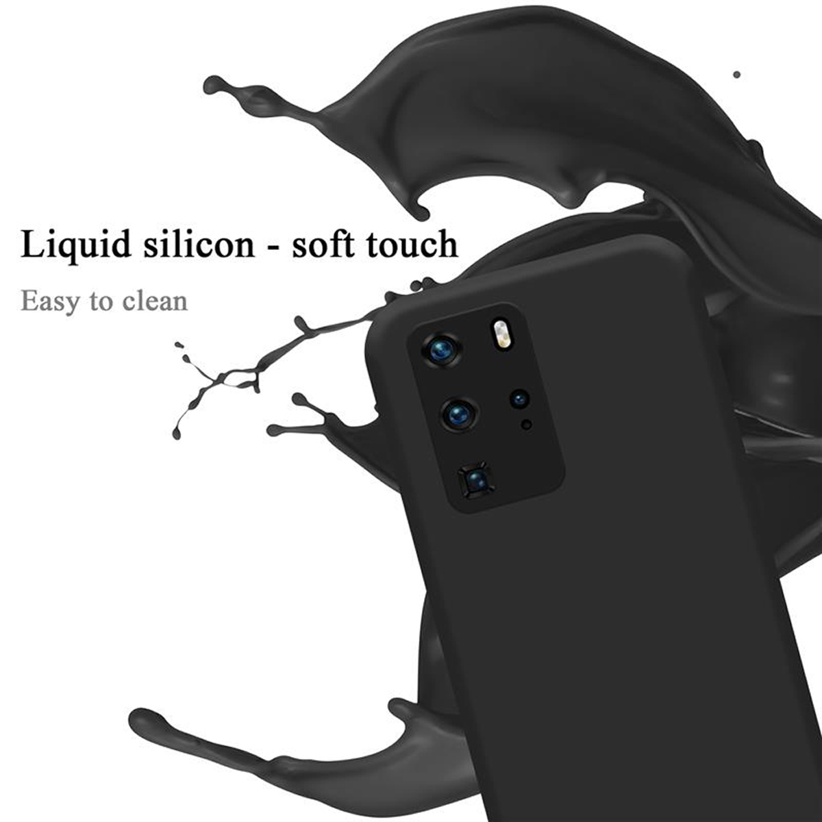 Eine schwarze Handyhülle mit einem Spritzer schwarzer Flüssigkeit. Das Telefon hat drei Kameras auf der Rückseite.