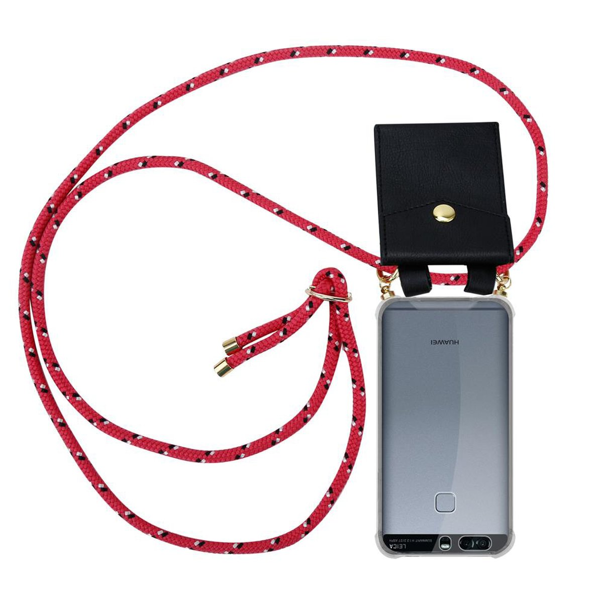 Ein Telefon mit klarer Hülle, schwarzer Lederhülle und rotem Umhängeband.