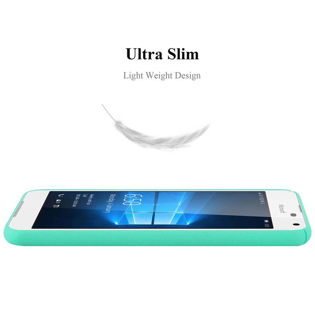 Telefono con custodia verde. Testo: 'Ultra Slim'.