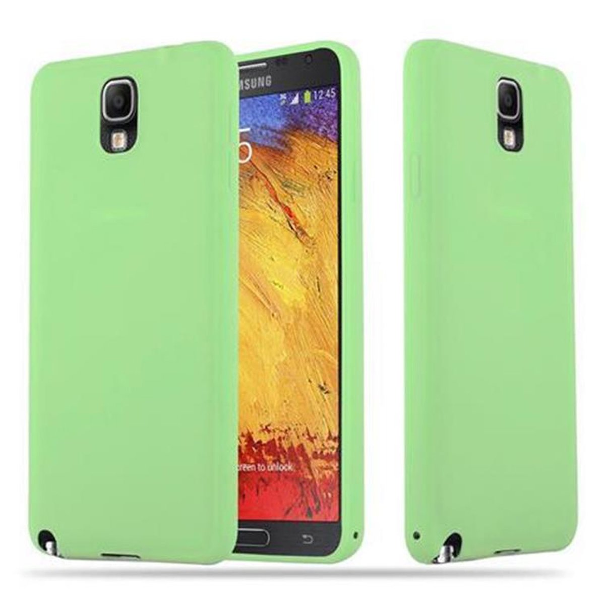 Tres vistas de un teléfono en una funda verde claro. La pantalla está encendida.