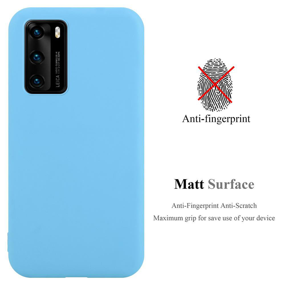 Custodia per telefono blu con un telefono all'interno. È visibile un simbolo di impronta digitale con una linea che lo attraversa.