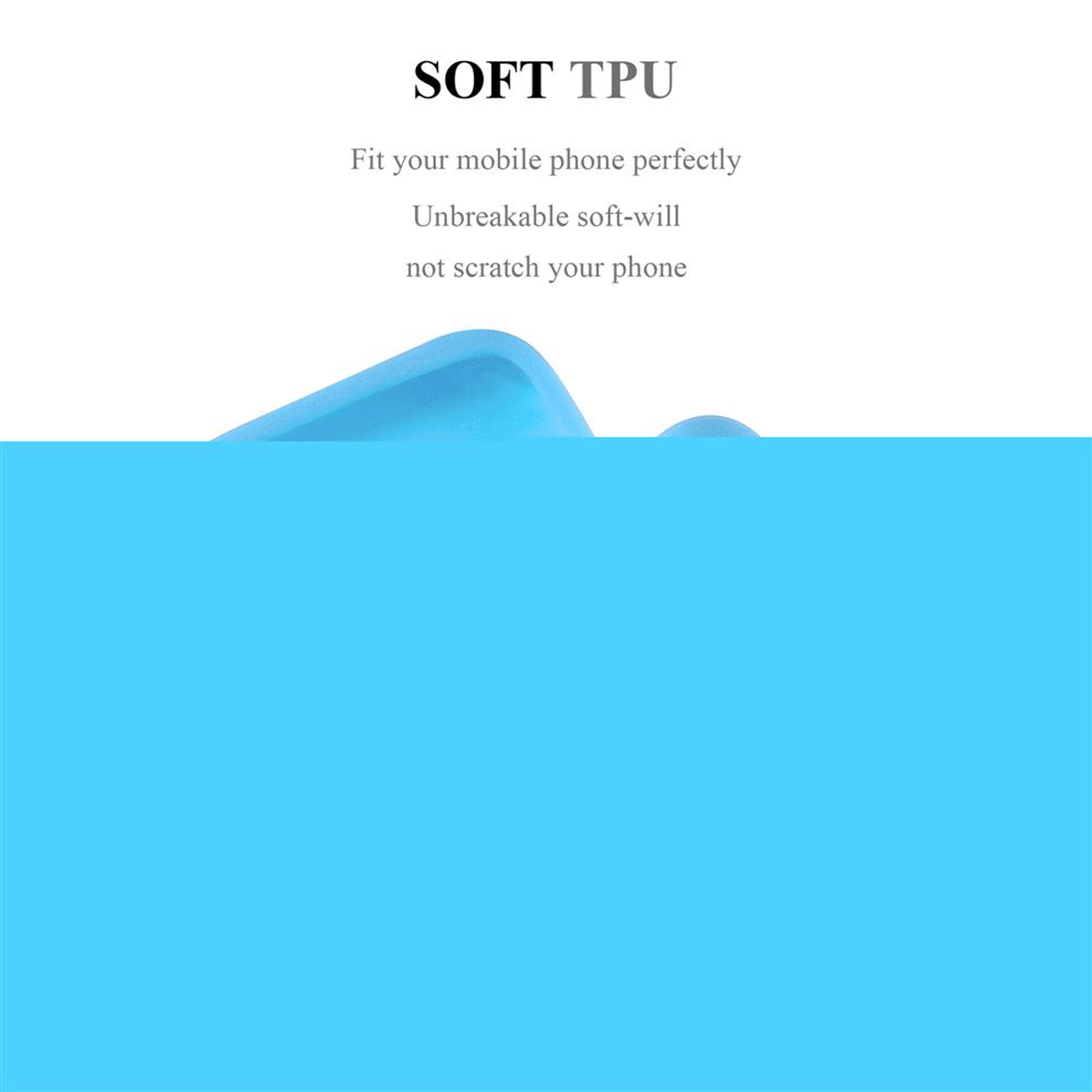 Custodia per telefono blu con testo: SOFT TPU. La custodia è di colore azzurro.