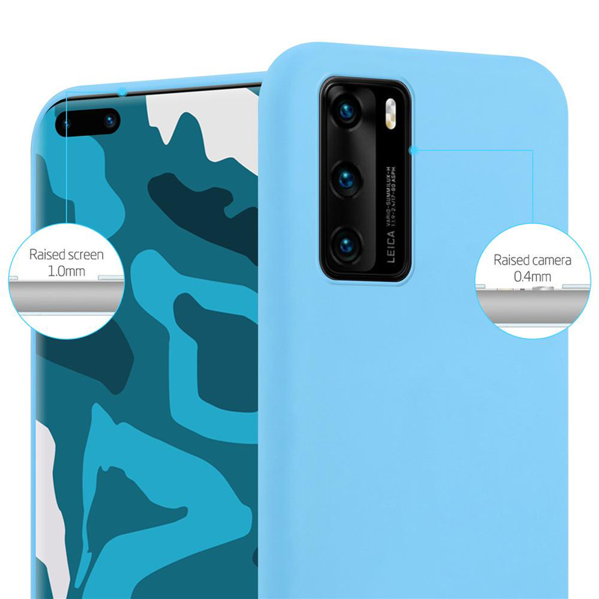 Custodia blu con un telefono all'interno. Il testo dice schermo rialzato, fotocamera rialzata.