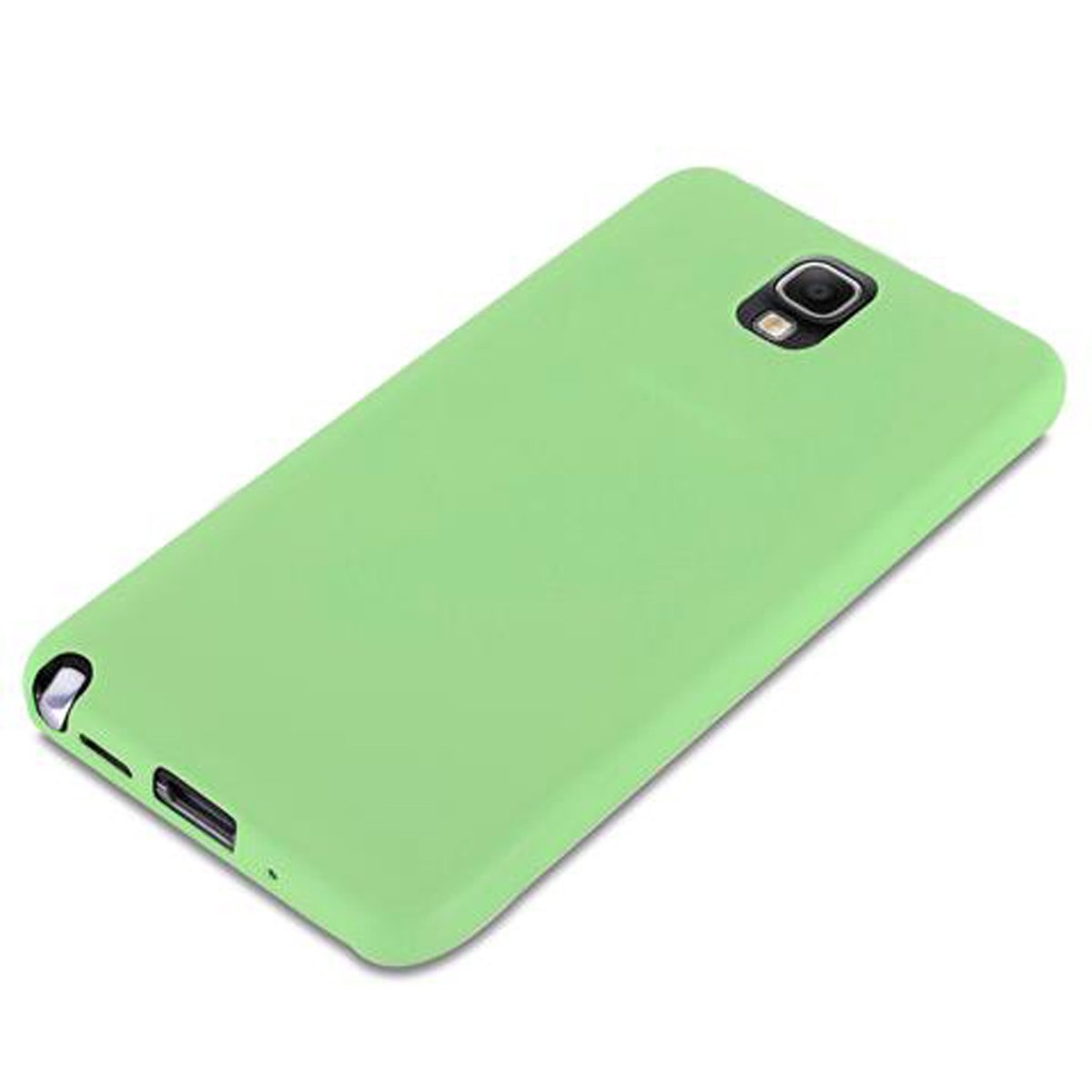 Funda de teléfono verde. Es de color liso y se adapta a la forma del teléfono, cubriendo la parte posterior y los lados.