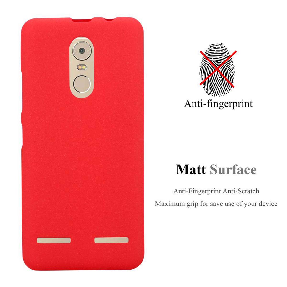 Custodia rossa per telefono con testo: Anti-impronte, Superficie opaca. Un simbolo di impronta digitale è barrato.