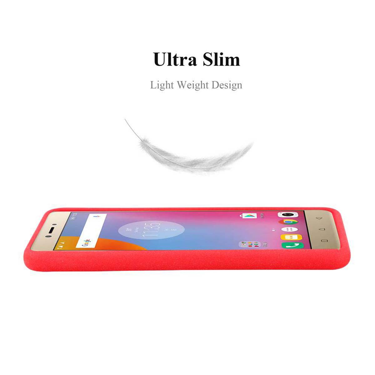 Custodia per telefono con schermo. Piuma leggera sullo sfondo. Design ultra sottile.