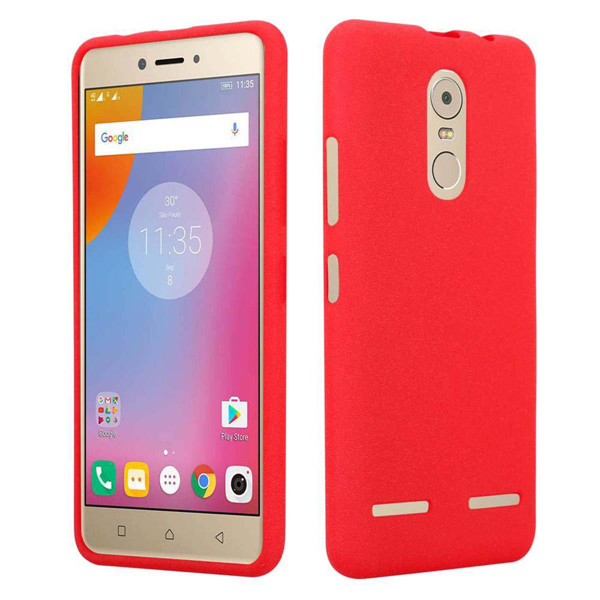 Una custodia rossa con un telefono all'interno, che mostra le icone di Google e Play Store.