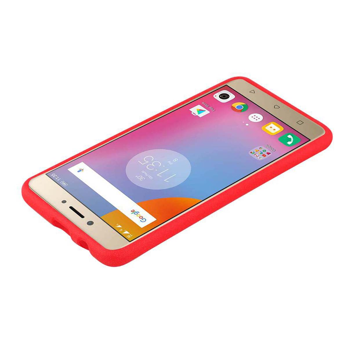 Custodia rossa per telefono su un telefono dorato. Il display mostra l'ora e le app.