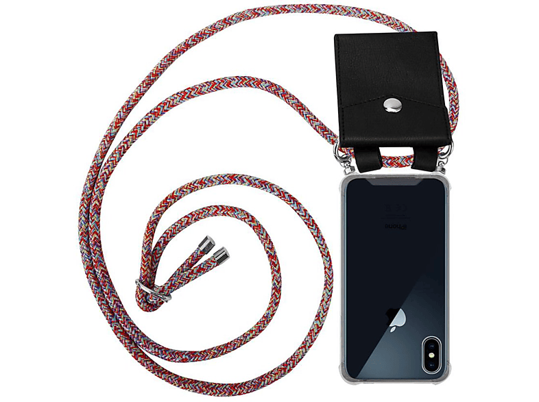 CADORABO Handy Kette mit Silber Ringen, Kordel Band und abnehmbarer Hülle, Backcover, Apple, iPhone XS MAX, COLORFUL PARROT
