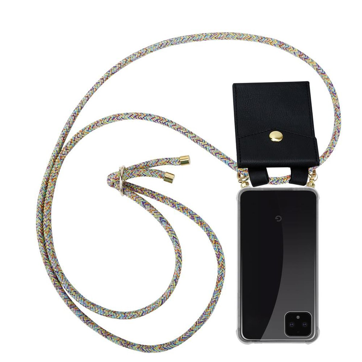Telefon mit Riemen, schwarzem Beutel, farbenfrohem Seil. Weißer Hintergrund.