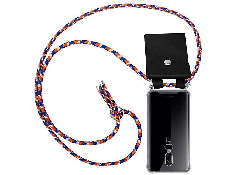 CADORABO Handy OnePlus, abnehmbarer Kette und Backcover, Kordel mit Band ORANGE Ringen, BLAU Silber 6, Hülle, WEIß