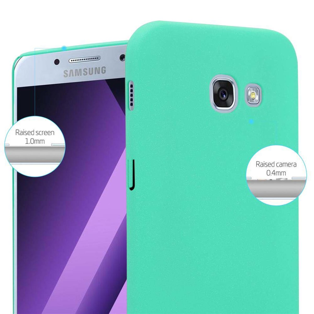Telefon mit Hülle. Die Hülle ist grün. Der Bildschirm hat das Samsung-Logo. Der Hintergrund ist lila.