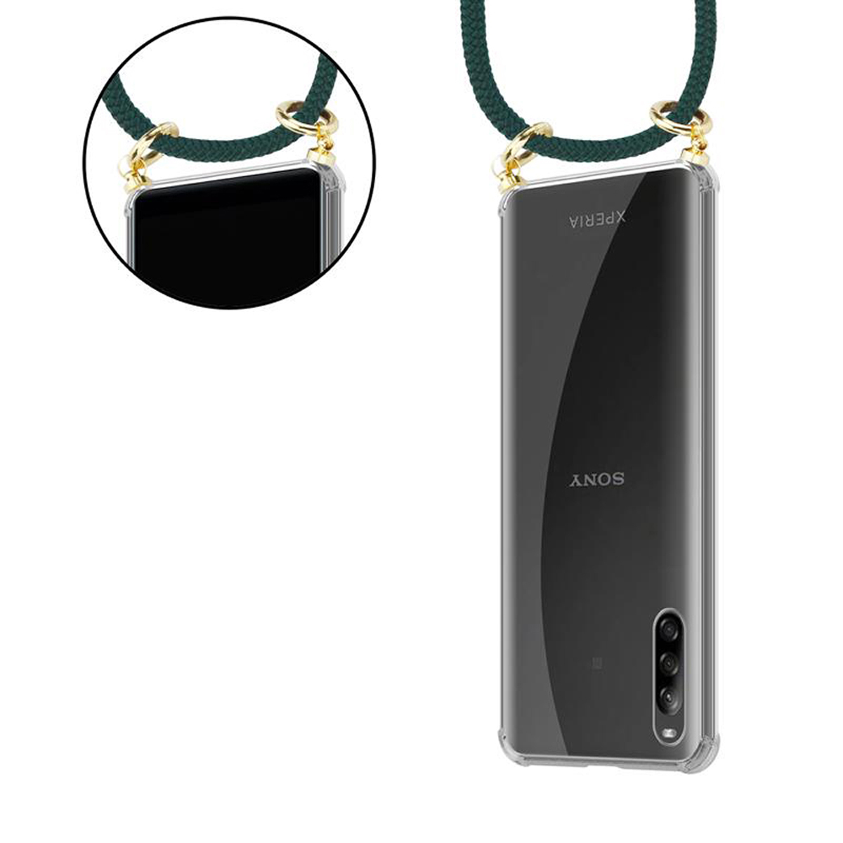 Due immagini di un telefono con custodia e cinturino. Una mostra lo schermo del telefono, l'altra il retro con la fotocamera.