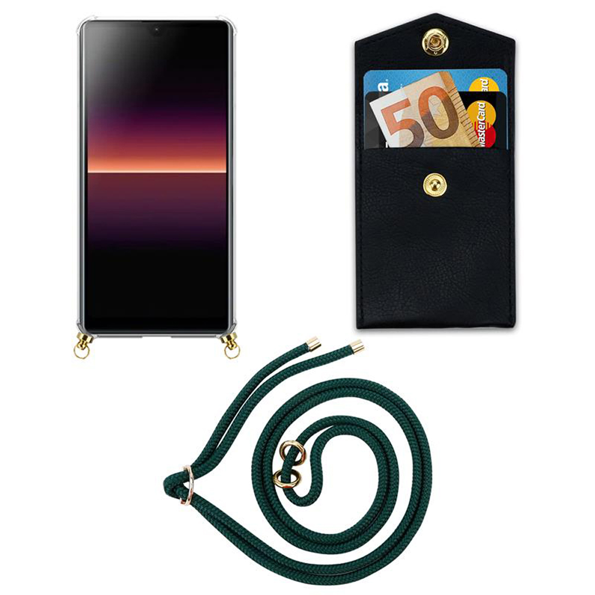 Telefono, portafoglio nero con carte e cinturino verde su sfondo bianco.