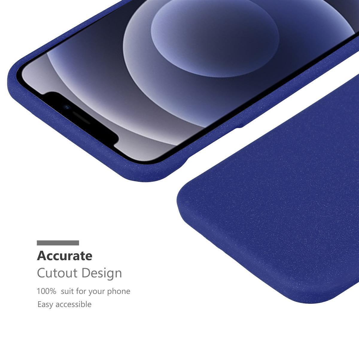 Primo piano di una custodia blu e un telefono, con testo sul design preciso e facile accesso.